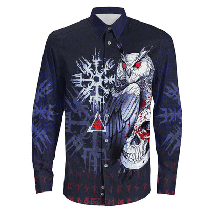 Viking Owl Skull Blood Blue Style Long Sleeve Button Shirt