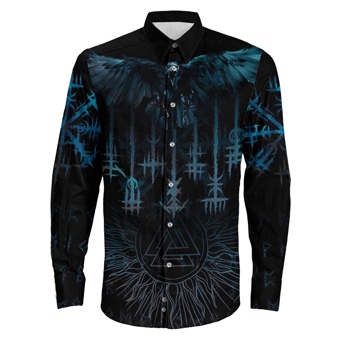 Raven and Valknut Cyan Style Long Sleeve Button Shirt
