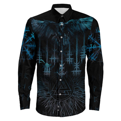 Raven and Valknut Cyan Style Long Sleeve Button Shirt