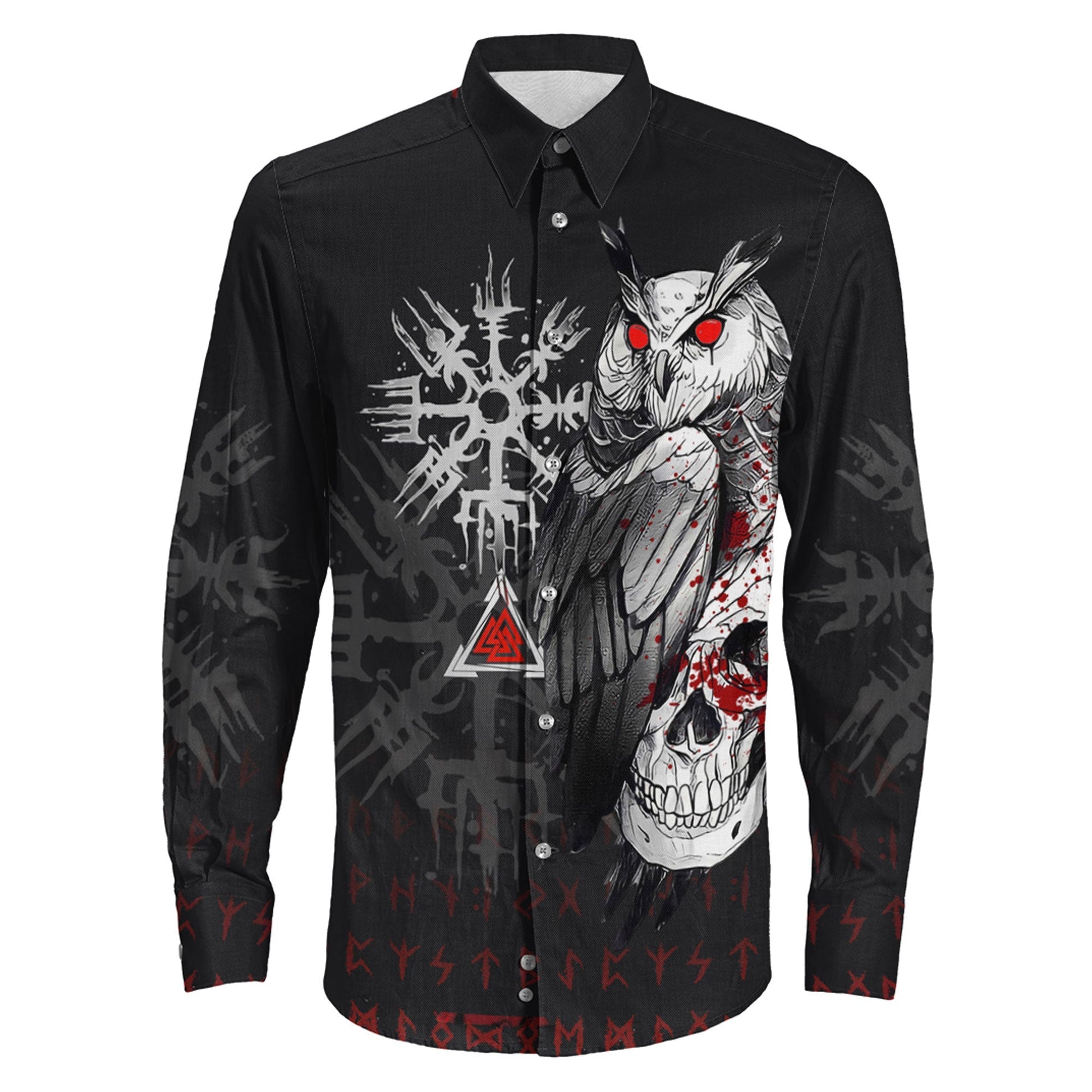 Viking Owl Skull Blood Style Long Sleeve Button Shirt