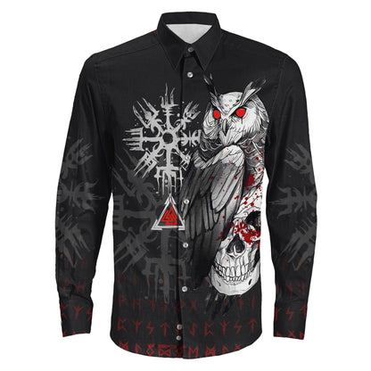 Viking Owl Skull Blood Style Long Sleeve Button Shirt