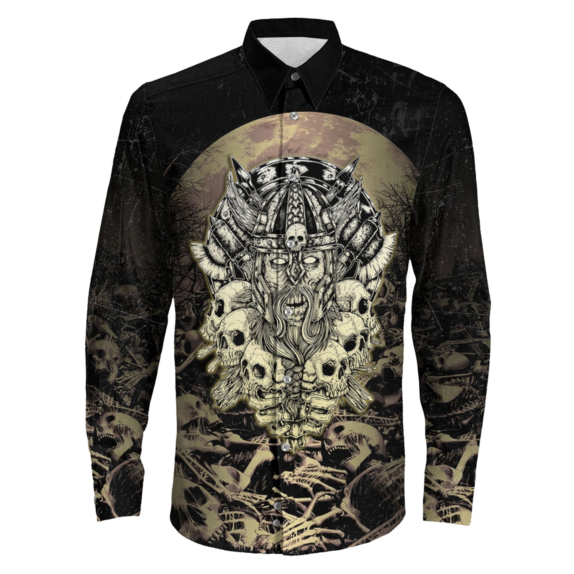 Viking Warrior Old and Skull Long Sleeve Button Shirt