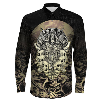 Viking Warrior Old and Skull Long Sleeve Button Shirt