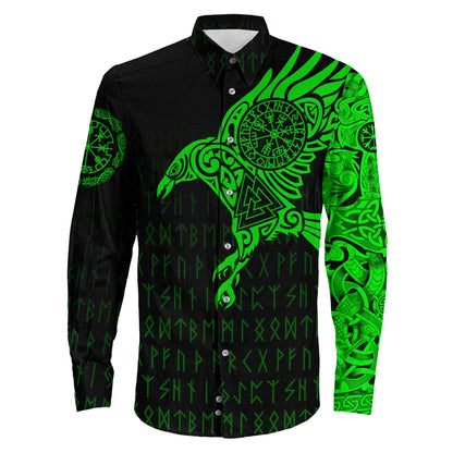 Long Sleeve Button Shirt - The Raven Of Odin Tattoo Green Version 