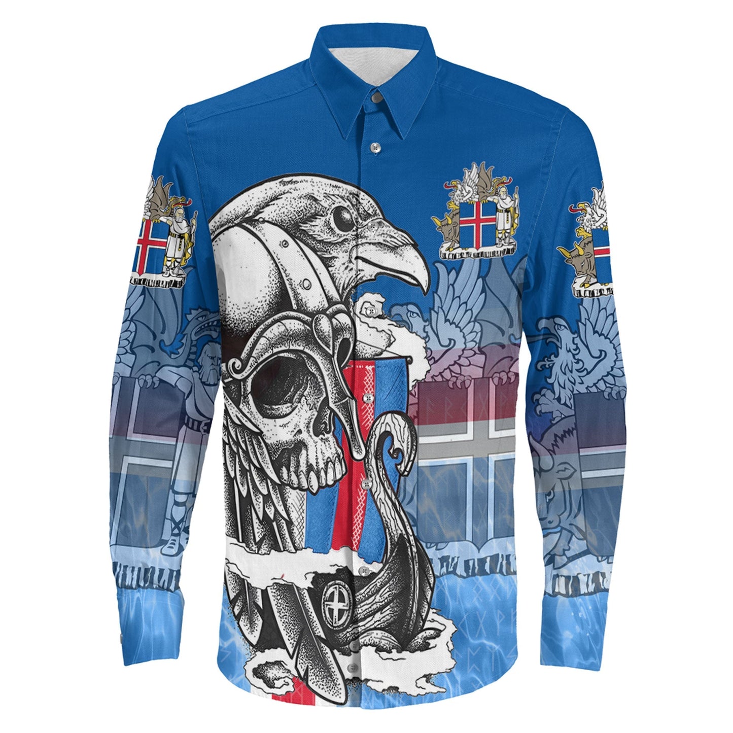 Iceland Raven Drakkar and Skull Long Sleeve Button Shirt