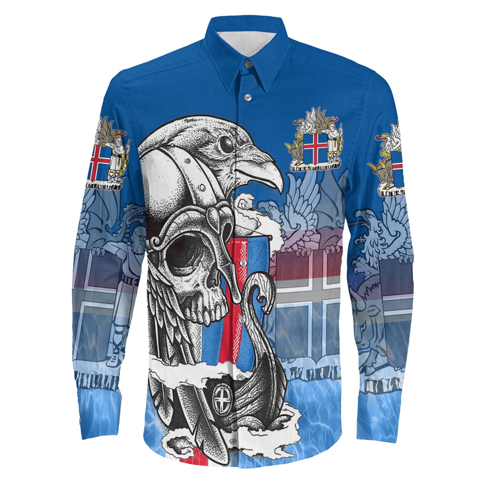 Iceland Raven Drakkar and Skull Long Sleeve Button Shirt