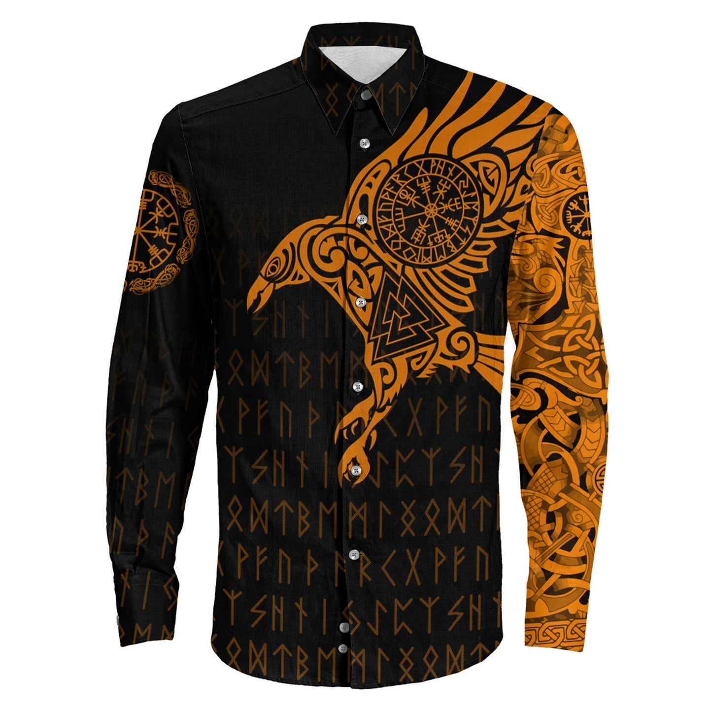 Long Sleeve Button Shirt - The Raven Of Odin Tattoo Orange Version 
