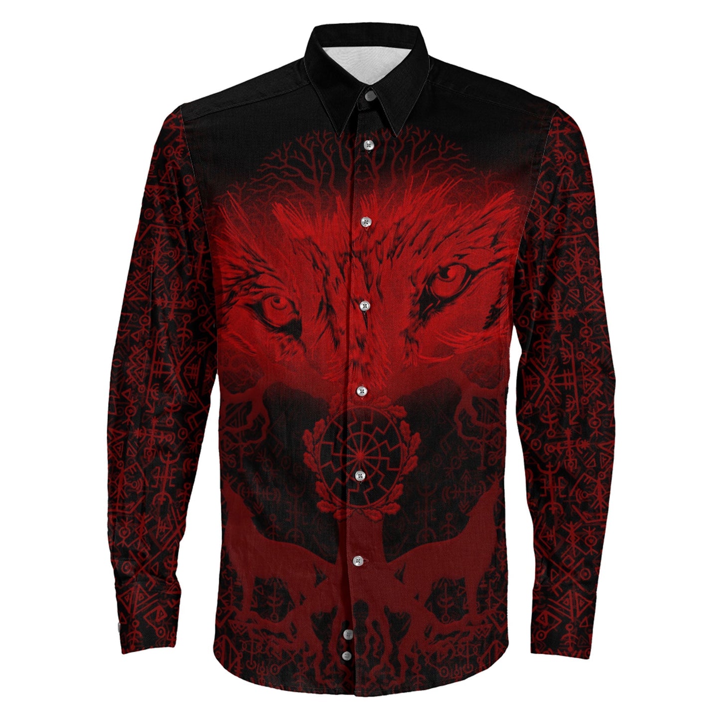 Tree And Wolf Red viking Long Sleeve Button Shirt