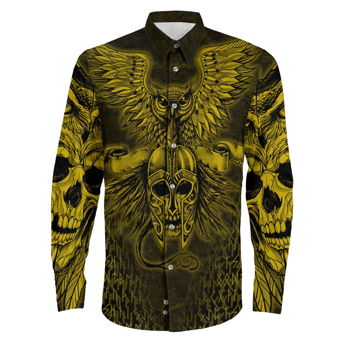 Owl Skull Gold Viking Long Sleeve Button Shirt