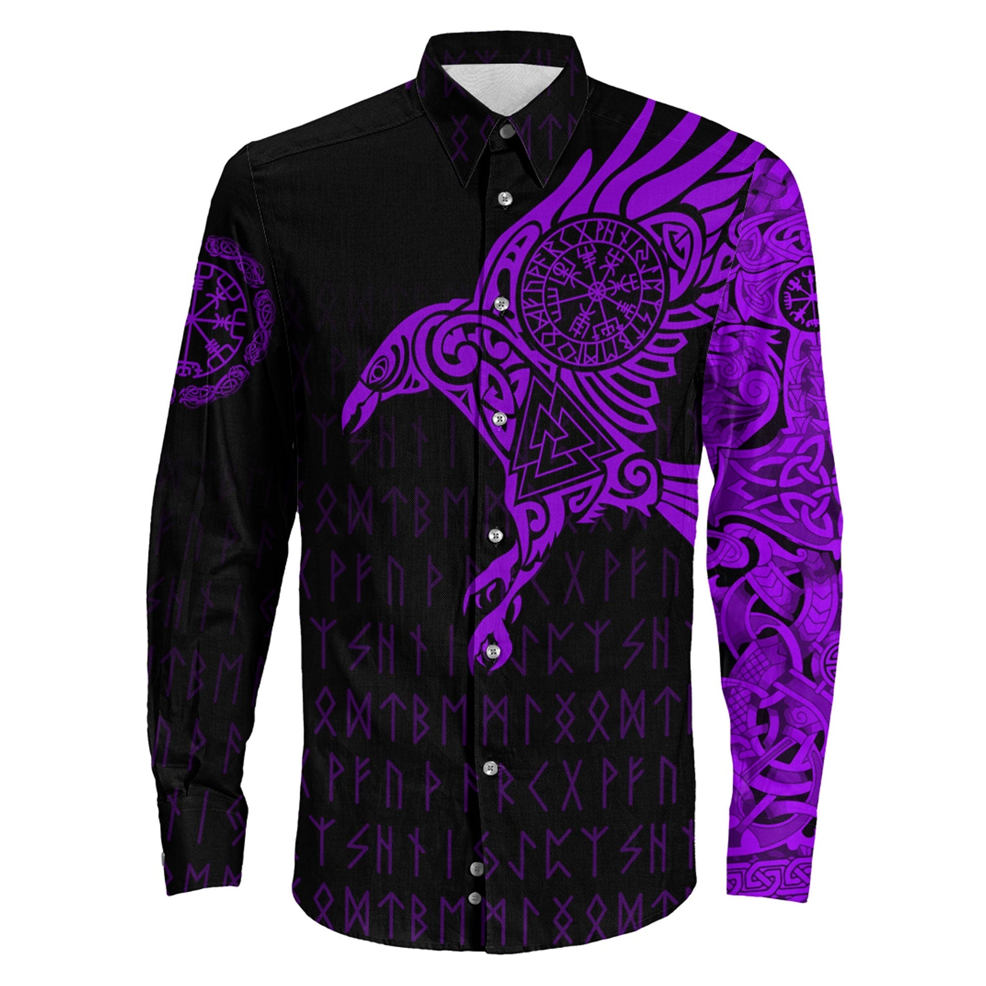 VikingStyle Clothing -Long Sleeve Button Shirt - The Raven Of Odin Tattoo Purple Version 