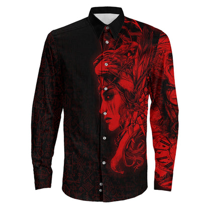 Valkyries And Bear Raven Red Long Sleeve Button Shirt