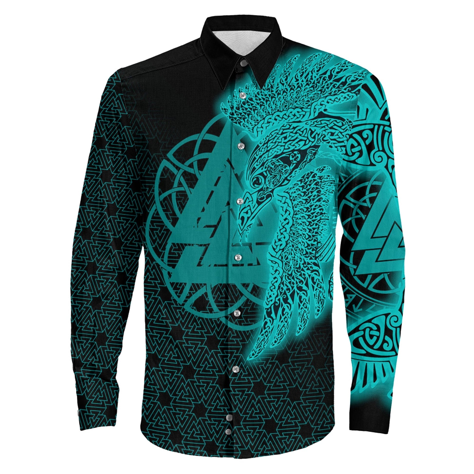 Raven Valknut Turquoise Viking Long Sleeve Button Shirt