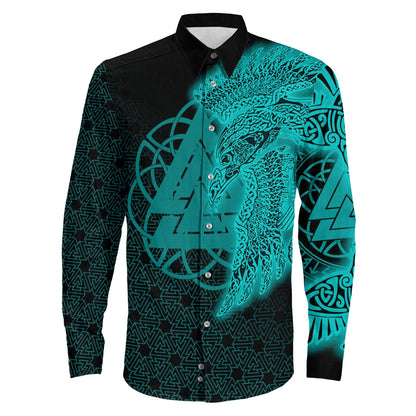 Raven Valknut Turquoise Viking Long Sleeve Button Shirt