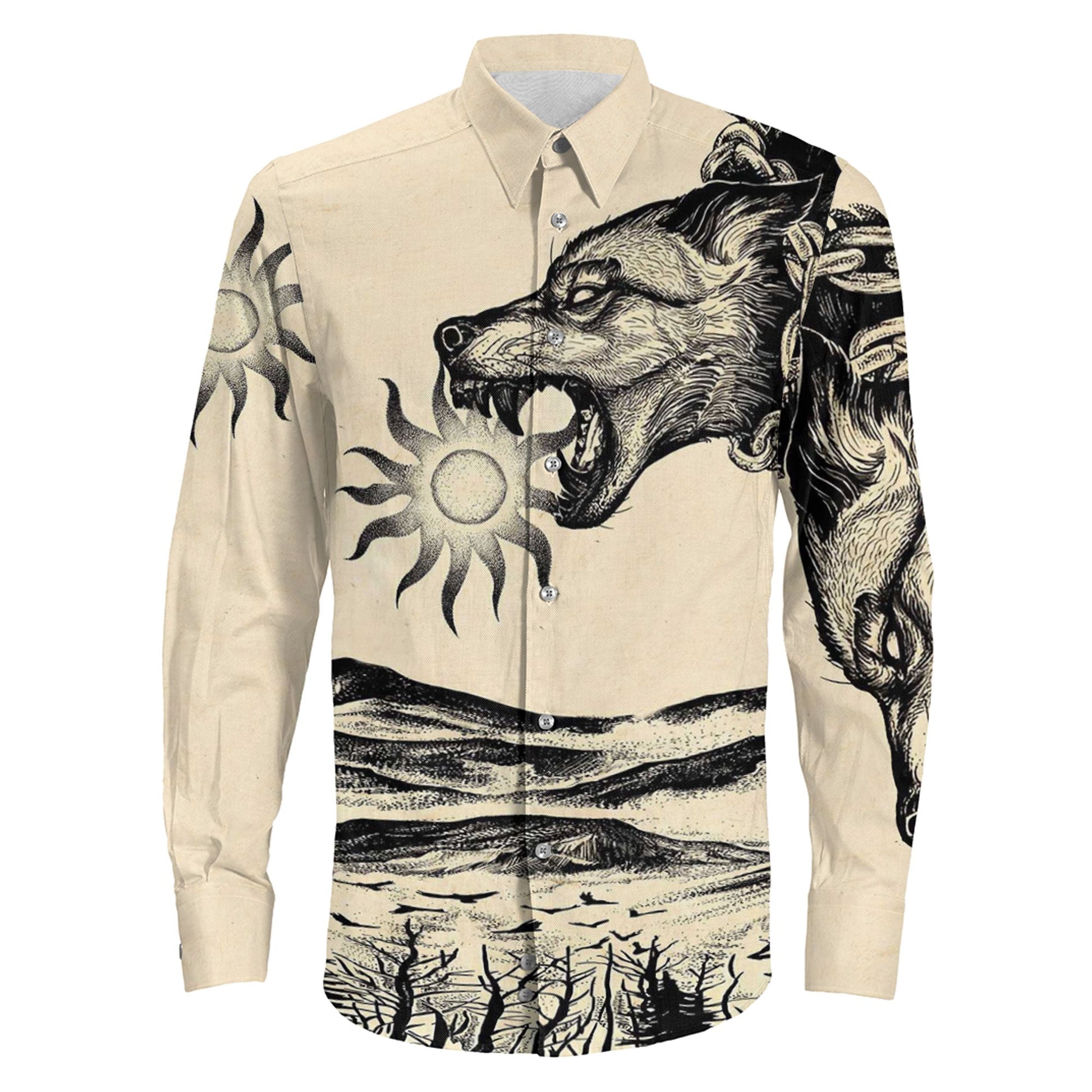 Viking Wolf Skoll Vintage Style Long Sleeve Button Shirt