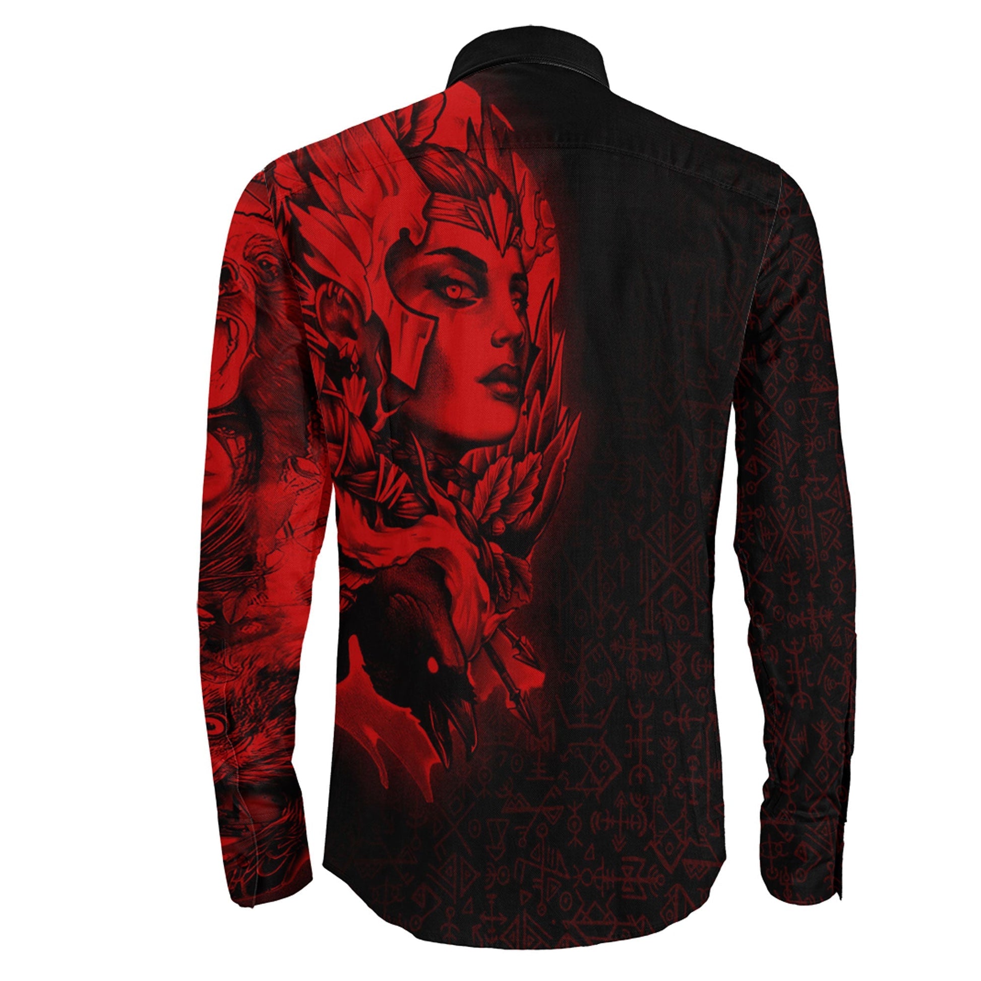 Valkyries And Bear Raven Red Long Sleeve Button Shirt