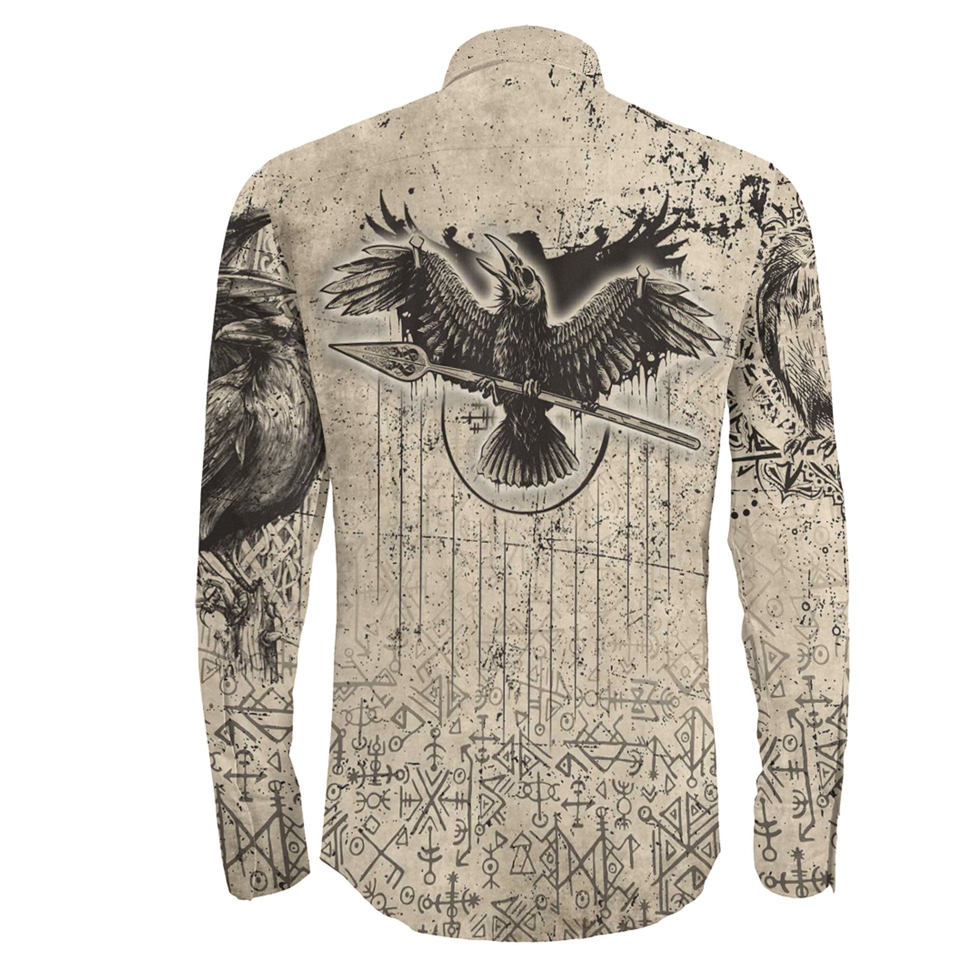 Viking Raven Carry Spear of Odin Vintage Long Sleeve Button Shirt