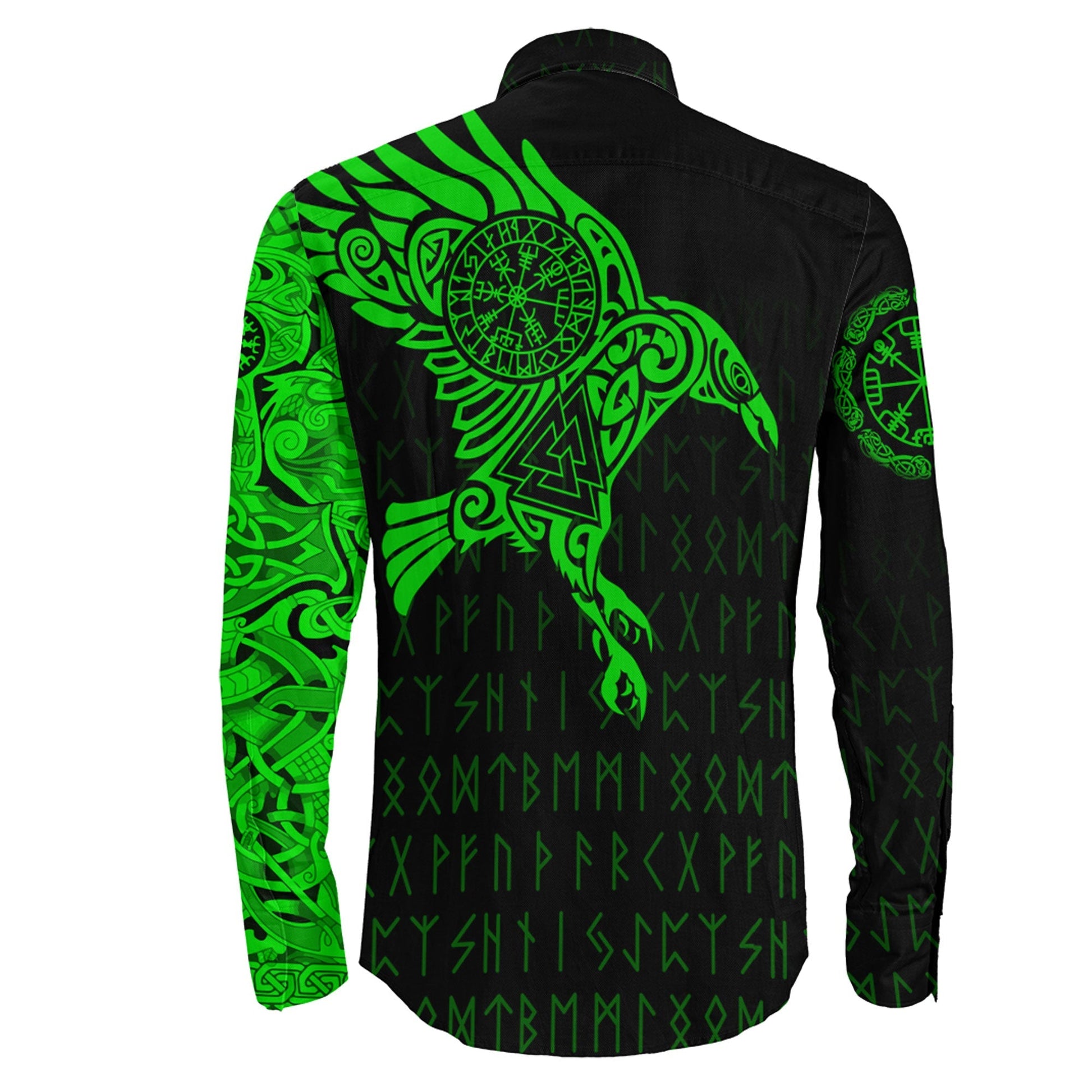 Long Sleeve Button Shirt - The Raven Of Odin Tattoo Green Version 