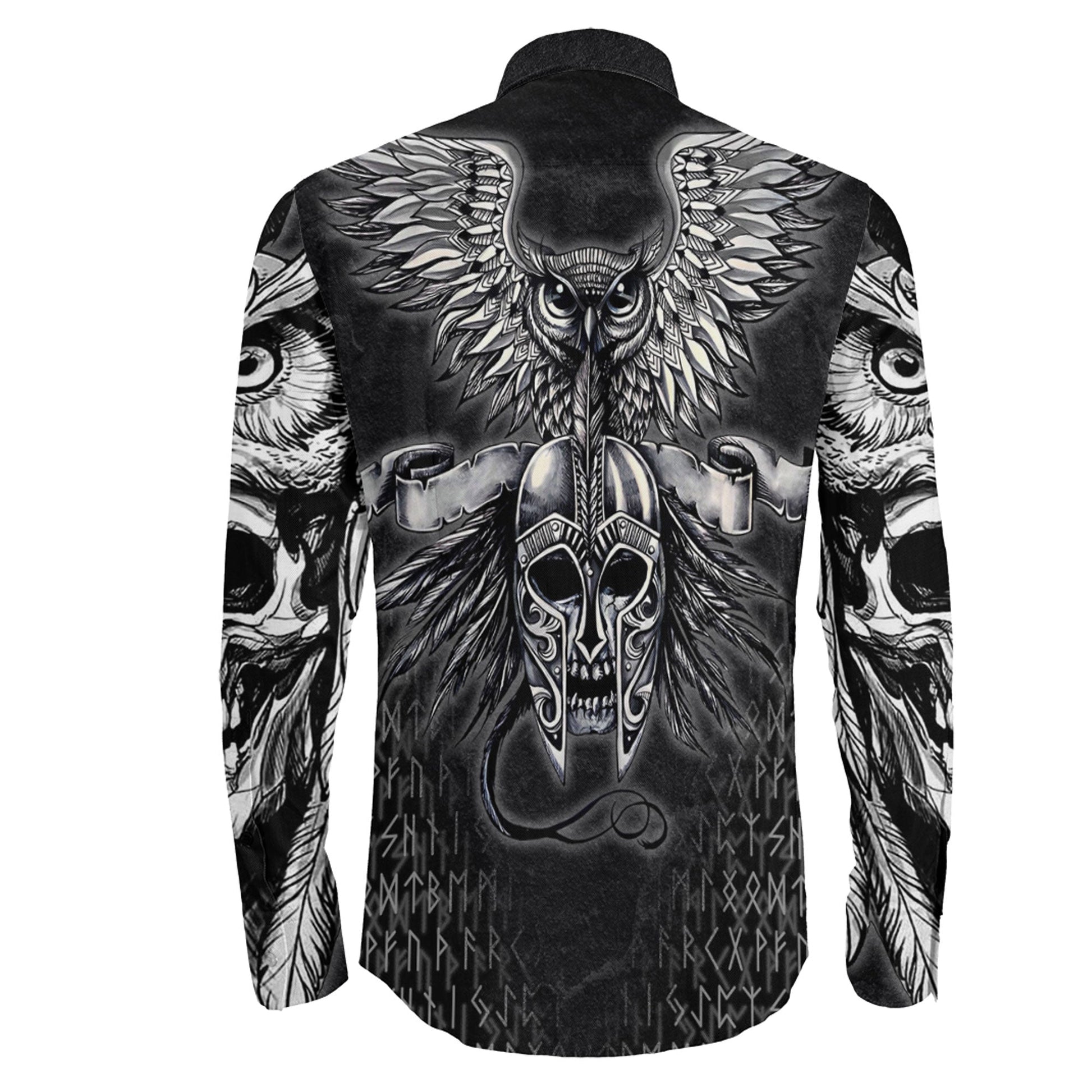 Owl Skull Silver Viking Long Sleeve Button Shirt