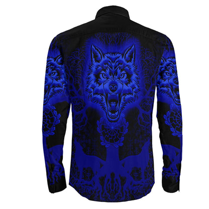 Wolf And Tree Blue viking Long Sleeve Button Shirt