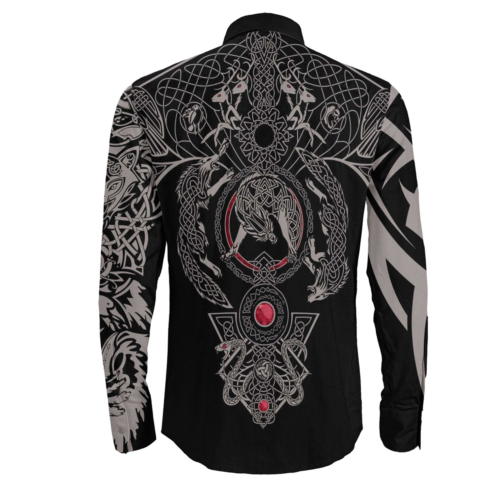 Mjolnir and Fenrir Tattoo Mix Ruby Red Long Sleeve Button Shirt