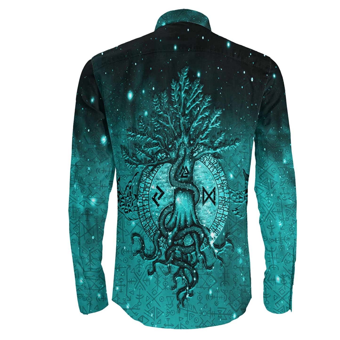 Yggdrasil Viking Cyan Long Sleeve Button Shirt A31