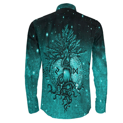 Yggdrasil Viking Cyan Long Sleeve Button Shirt A31