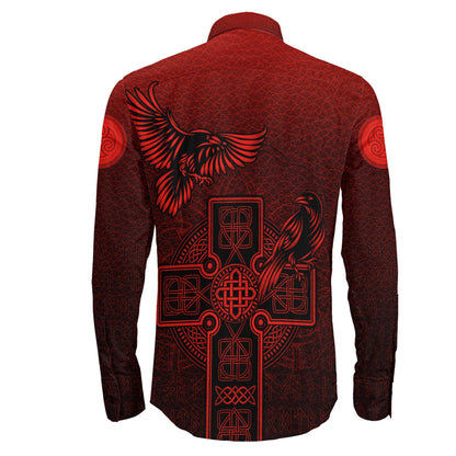 Hugin and Munin Red Leather Background Long Sleeve Button Shirt