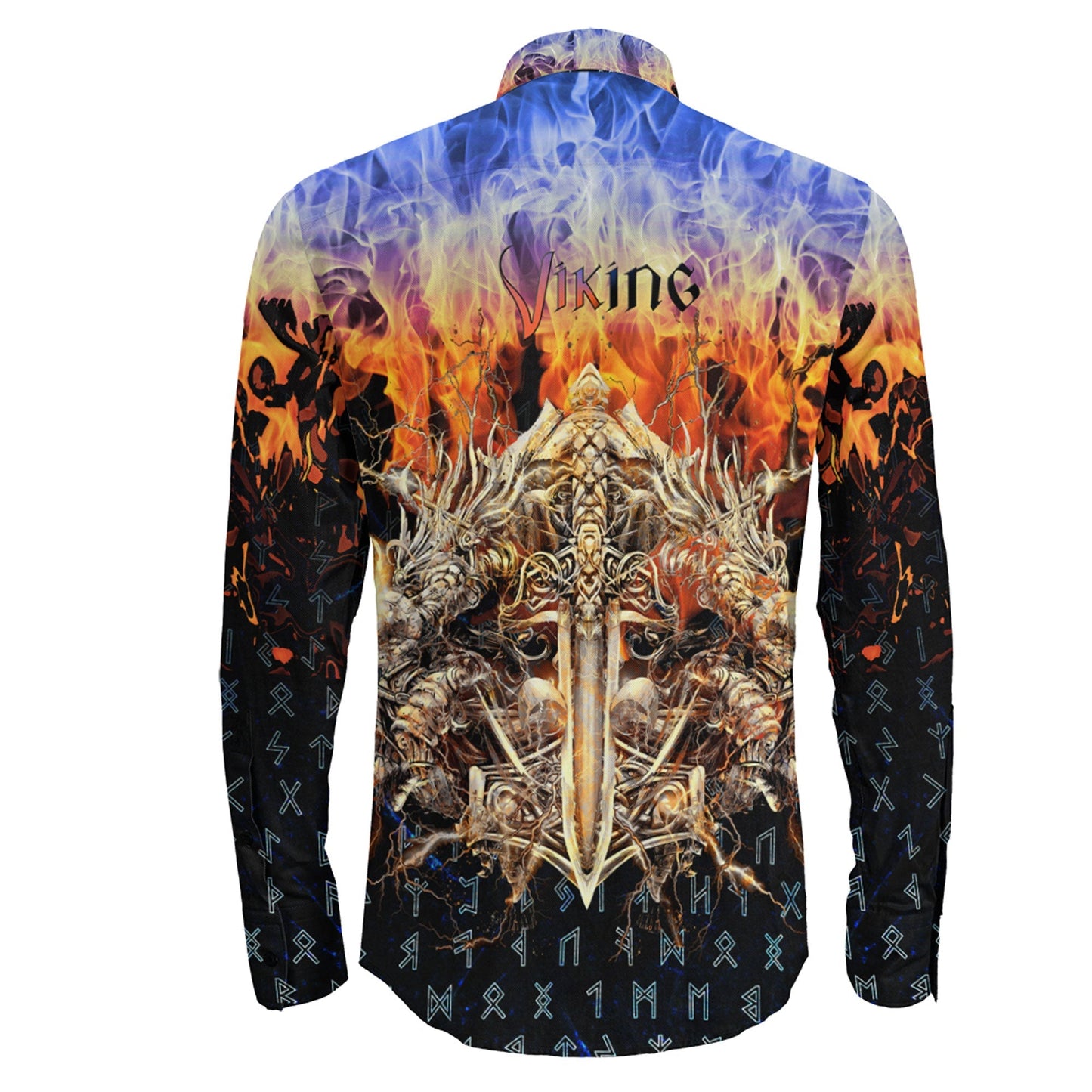 VikingStyle Clothing -Viking Valkyrie Warrirors Valknut Fire Gradiant Long Sleeve Button Shirt
