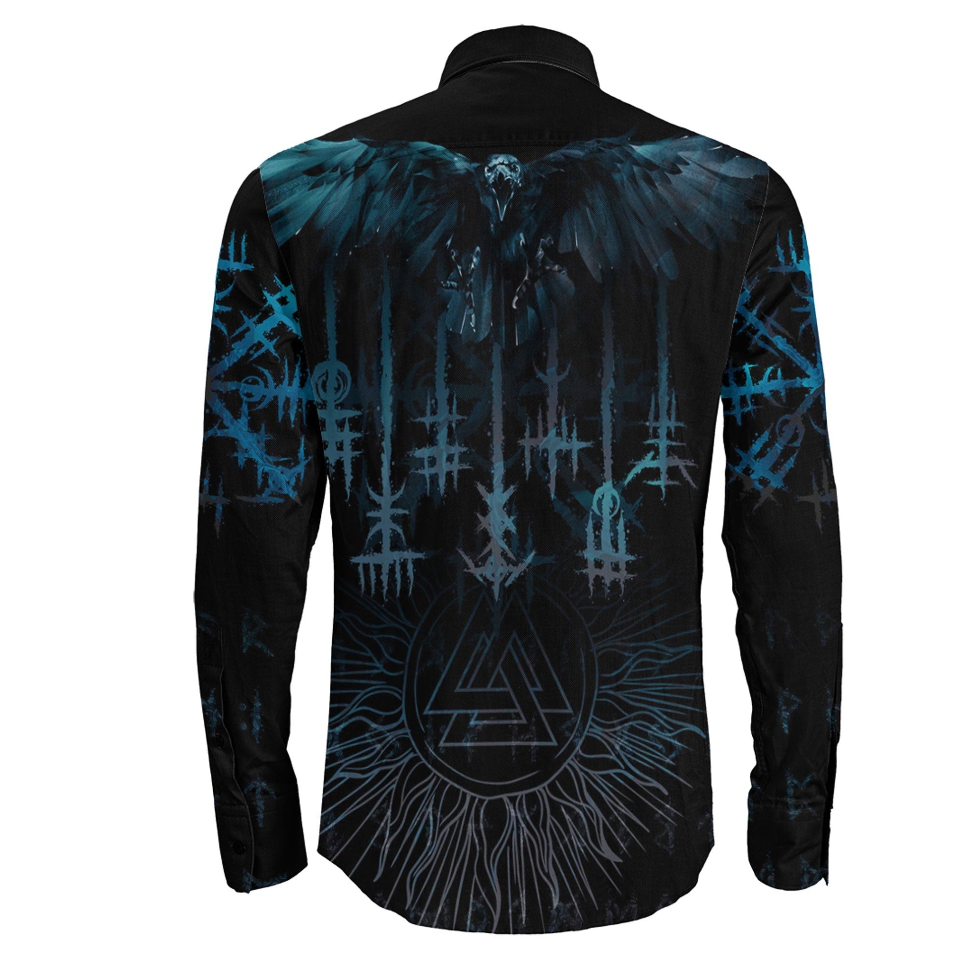Raven and Valknut Cyan Style Long Sleeve Button Shirt