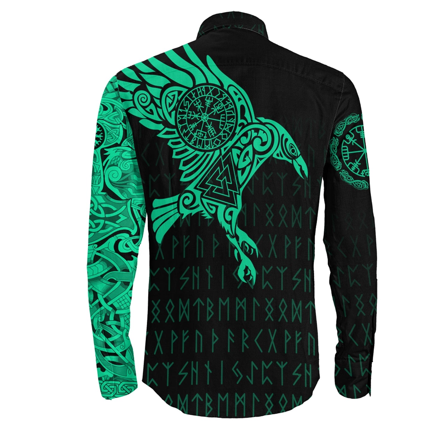 VikingStyle Clothing -Long Sleeve Button Shirt - The Raven Of Odin Tattoo Green Cyan Version 