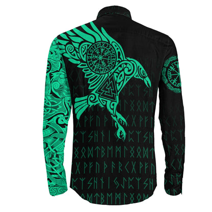 VikingStyle Clothing -Long Sleeve Button Shirt - The Raven Of Odin Tattoo Green Cyan Version 