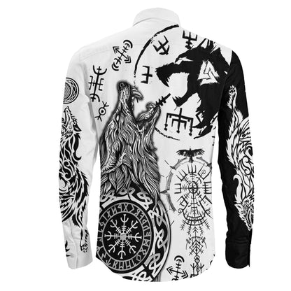 Viking Wolf Fenrir Skoll and Hati White Long Sleeve Button Shirt