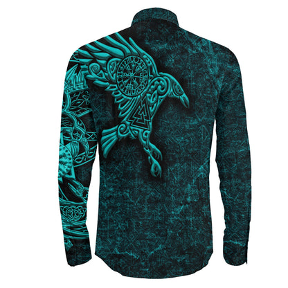Raven Vegvisir Tuequoise Viking Long Sleeve Button Shirt