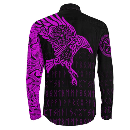 Long Sleeve Button Shirt - The Raven Of Odin Tattoo Pink Version 