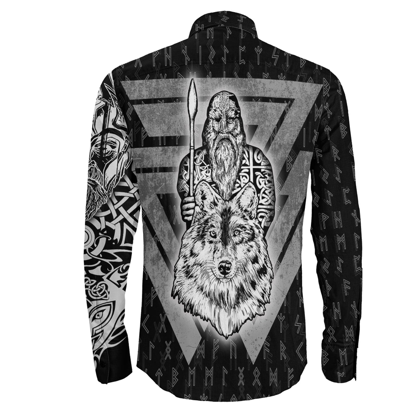 VikingStyle Clothing -Odin and Wolf Viking Long Sleeve Button Shirt