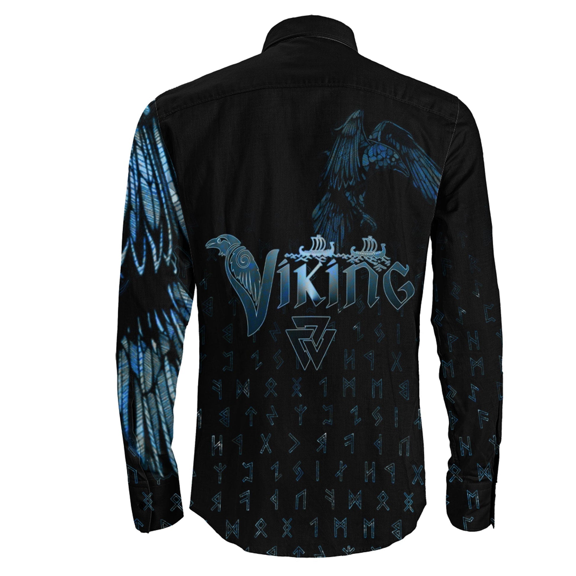 VikingStyle Clothing -Raven Helm of Awe Dark Blue Long Sleeve Button Shirt
