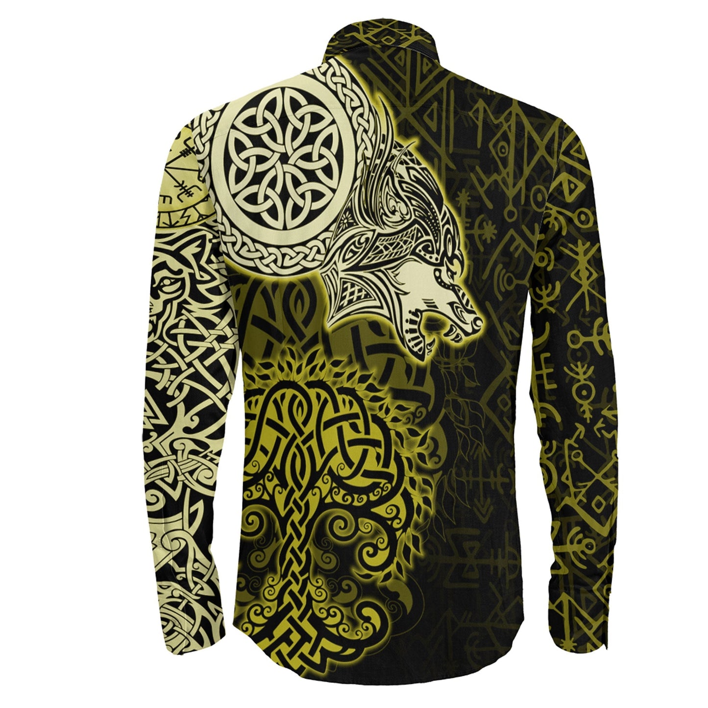VikingStyle Clothing -Viking Wolf Gold Long Sleeve Button Shirt