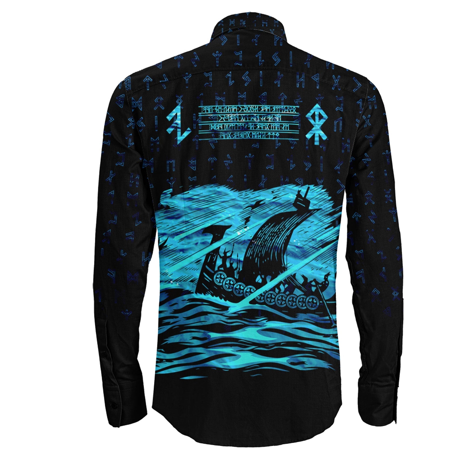 VikingStyle Clothing -Viking Drakkar Vintage Cyan Long Sleeve Button Shirt