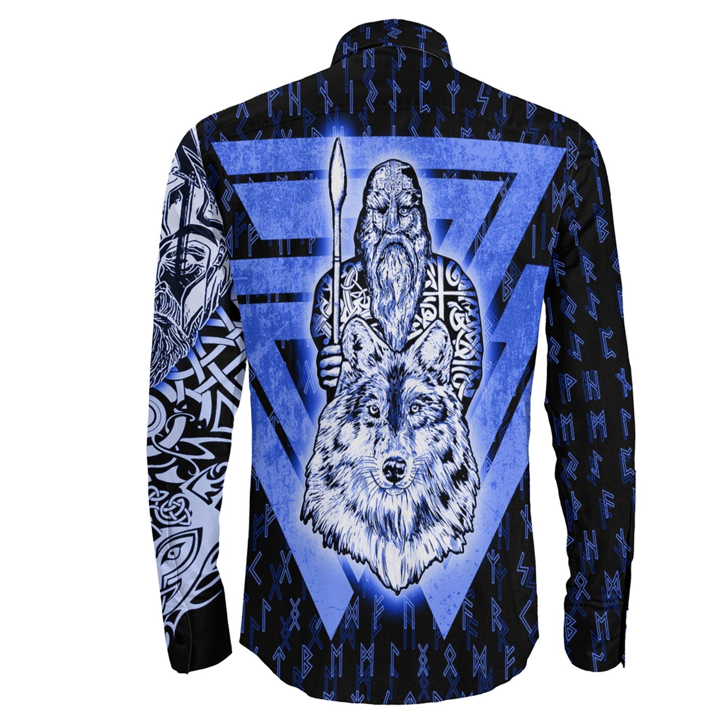 VikingStyle Clothing -Odin and Wolf Viking Blue Long Sleeve Button Shirt