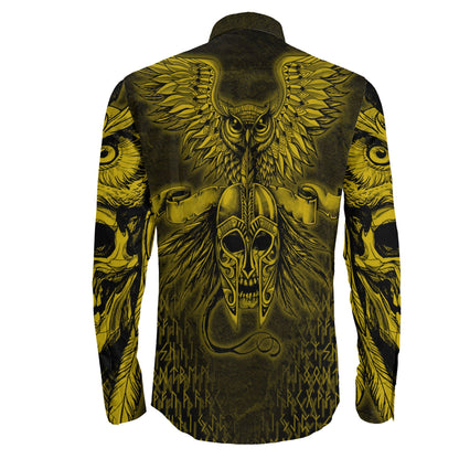 Owl Skull Gold Viking Long Sleeve Button Shirt