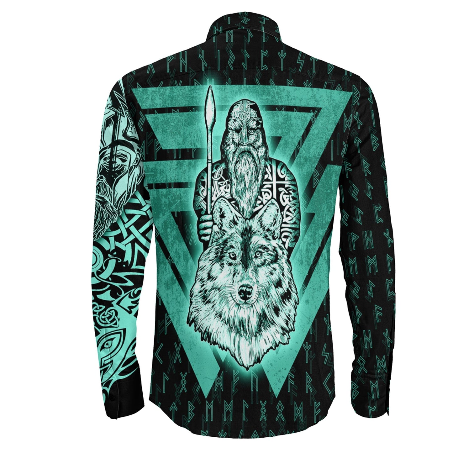 VikingStyle Clothing -Odin and Wolf Viking Turquoise Long Sleeve Button Shirt