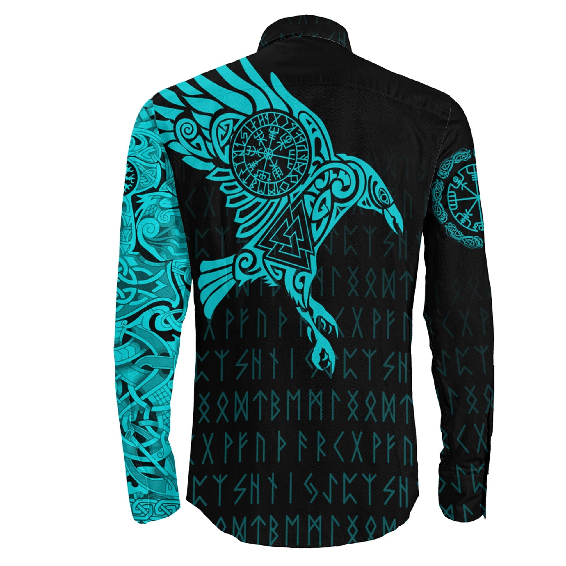 Long Sleeve Button Shirt - The Raven Of Odin Tattoo Cyan Version 