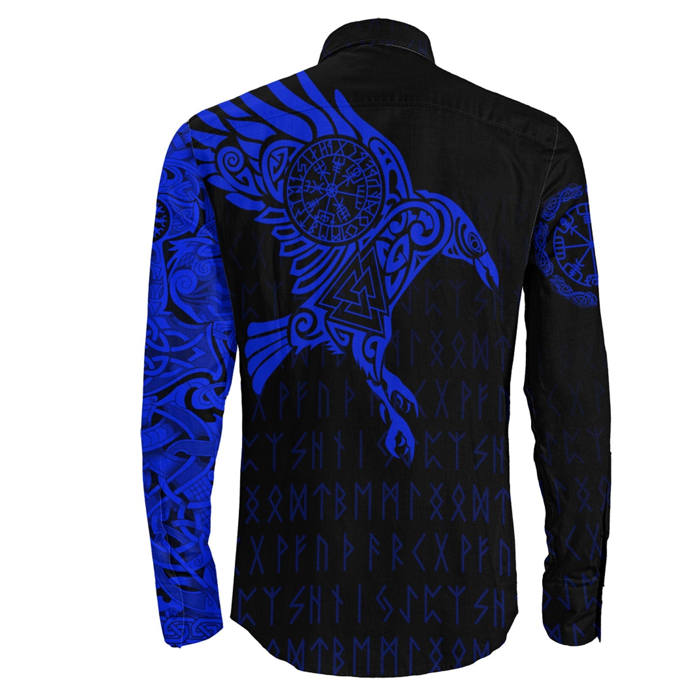 VikingStyle Clothing -Long Sleeve Button Shirt - The Raven Of Odin Tattoo Blue Version 