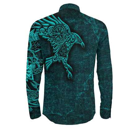 Raven Vegvisir Turquoise Custum Viking Long Sleeve Button Shirt