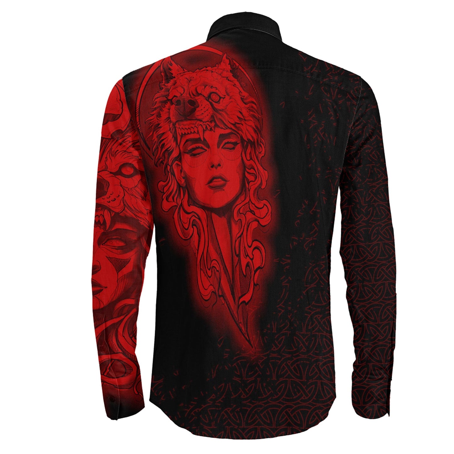 Valkyries And Wolf Red Long Sleeve Button Shirt