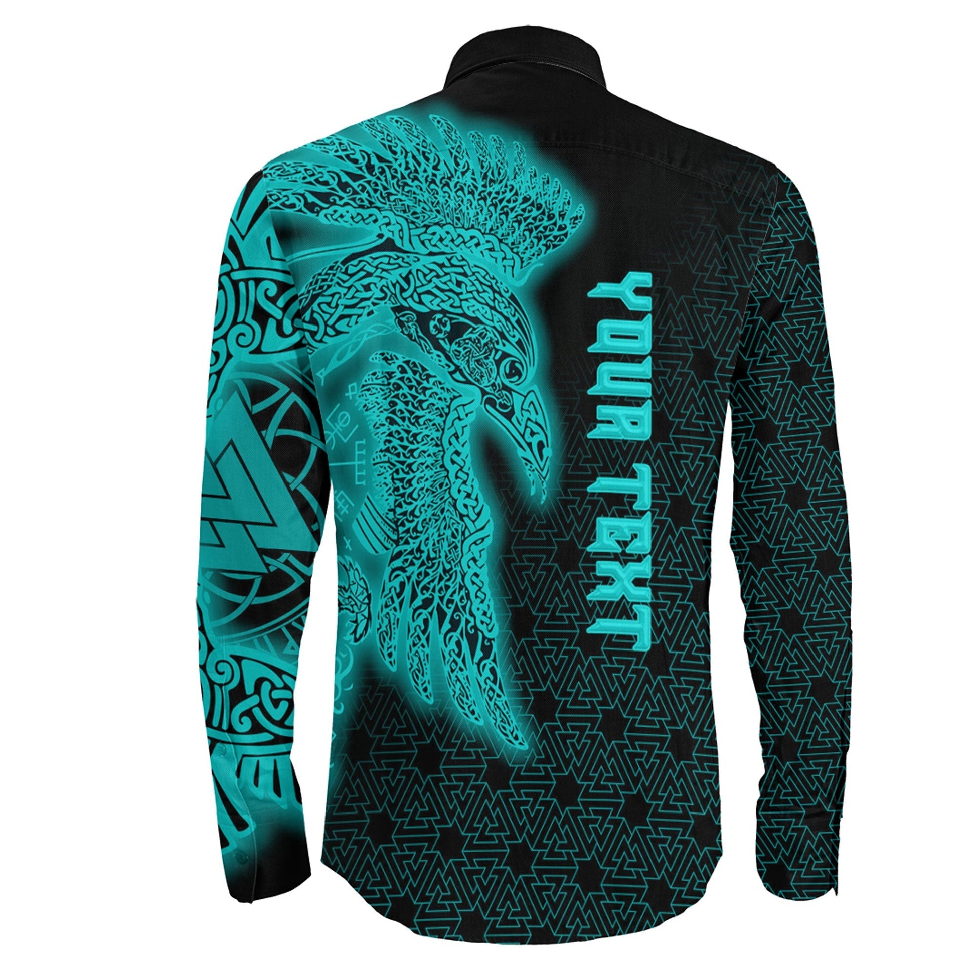 Raven Valknut Turquoise Viking Long Sleeve Button Shirt