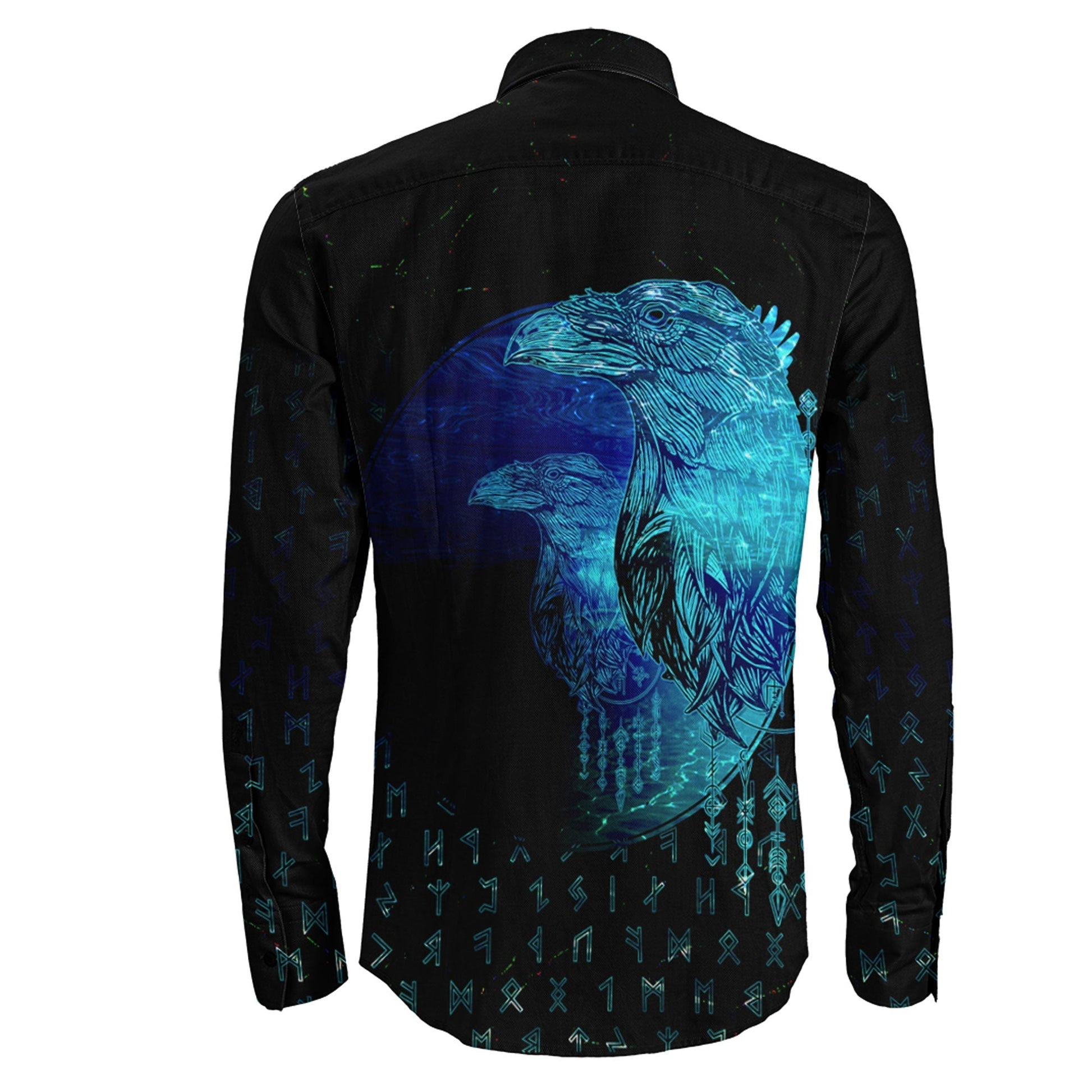 VikingStyle Clothing -Viking Raven Mirrior Cyan Long Sleeve Button Shirt