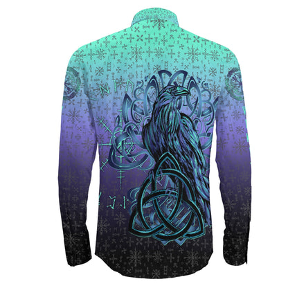 Raven Horn of Odin Cyan Long Sleeve Button Shirt