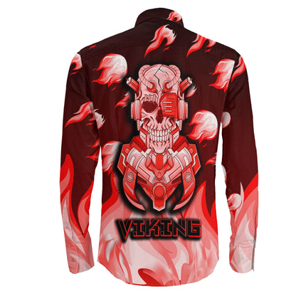 Viking 3D Robo Warrior Red Fire Pattern Long Sleeve Button Shirt