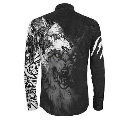 Wolf Fenrir Angry Brush Style Long Sleeve Button Shirt
